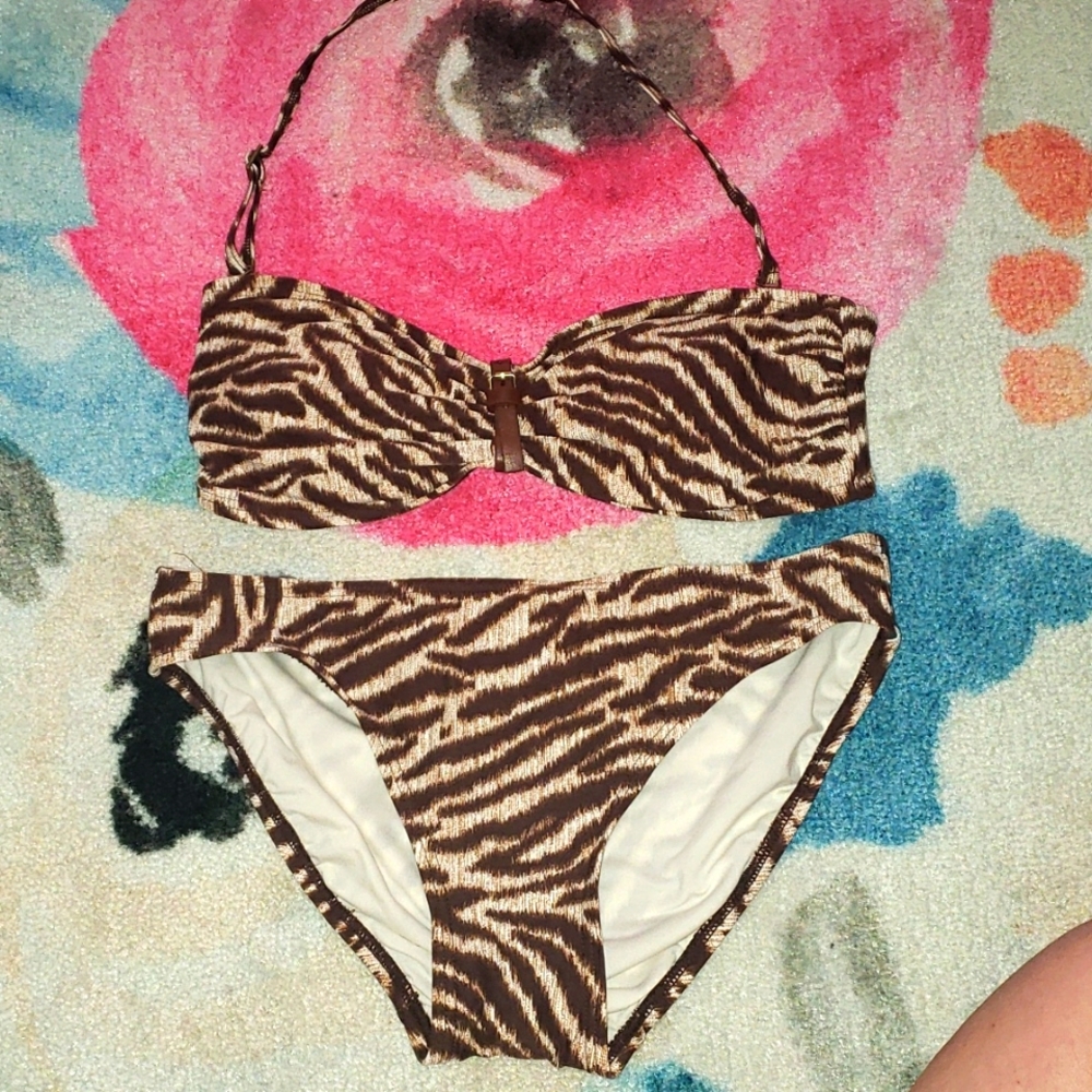 Michael Kors Size Small Animal Print Bikini with Leather Detail